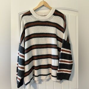American Eagle Outfitters Striped Crewneck Sweater in White, Black & Brown